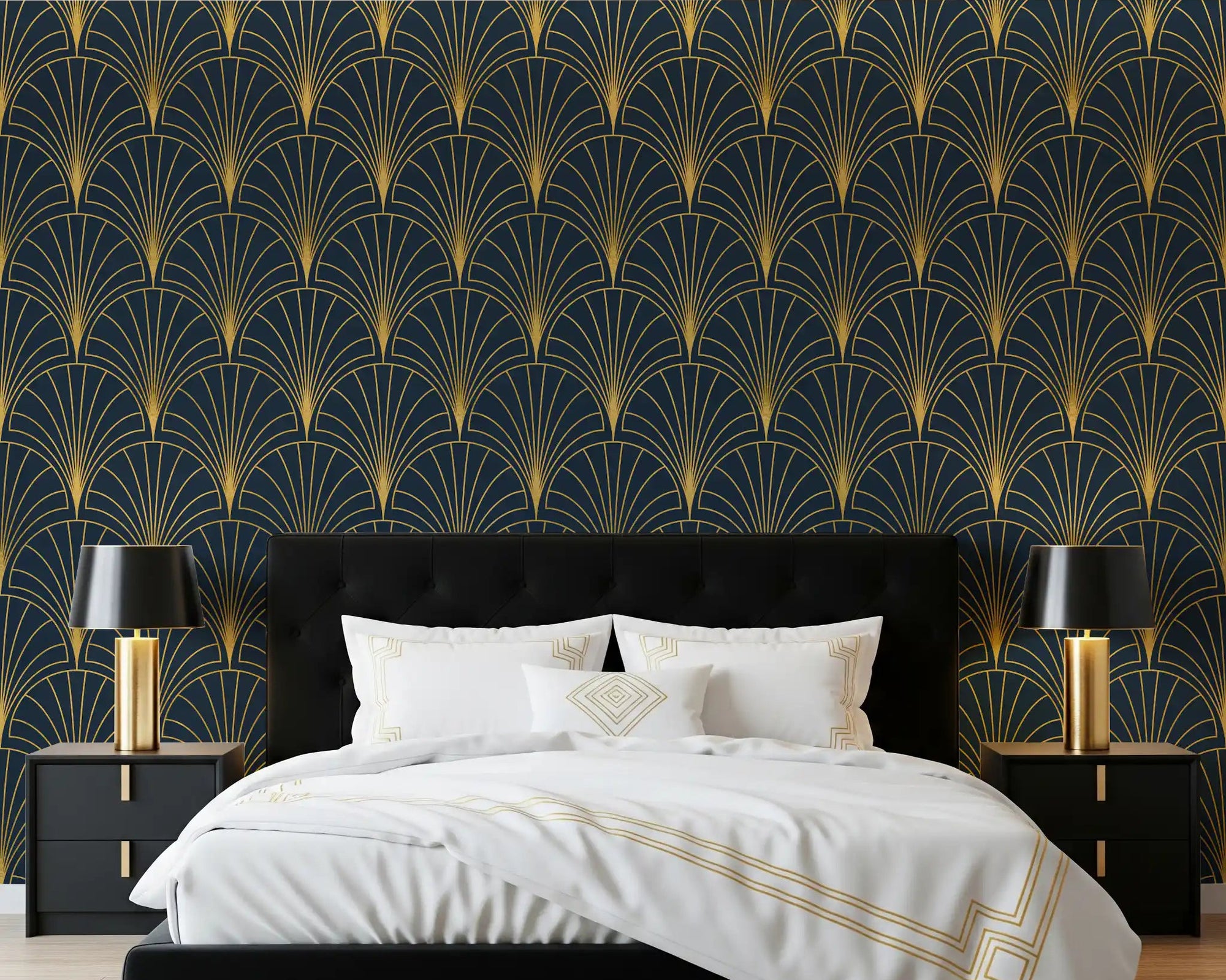 Midnight gold arch pattern wallpaper in a bedroom with blue tone., GD10629