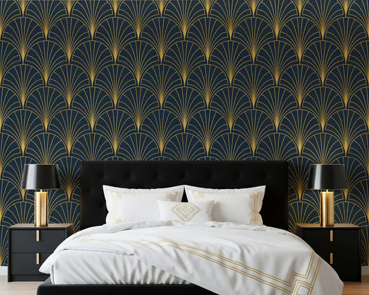 Midnight gold arch pattern wallpaper in a bedroom with blue tone.