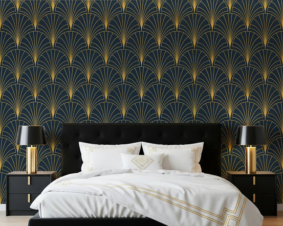 Midnight gold arch pattern wallpaper in a bedroom with blue tone., GD10629