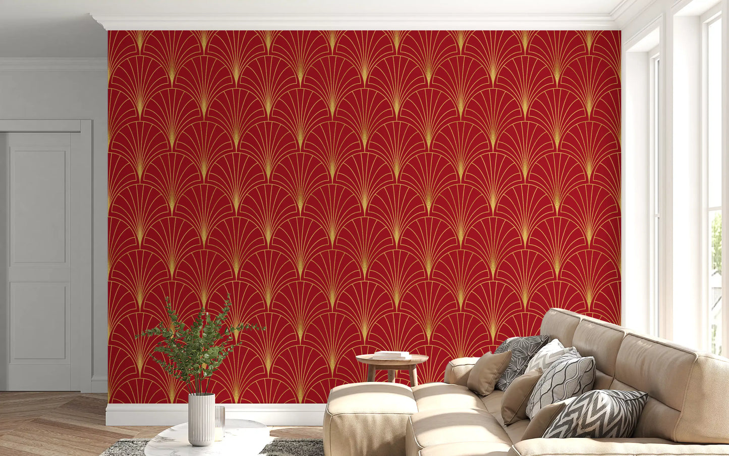 Crimson & Gold Art Deco Fans Wallpaper⁠
