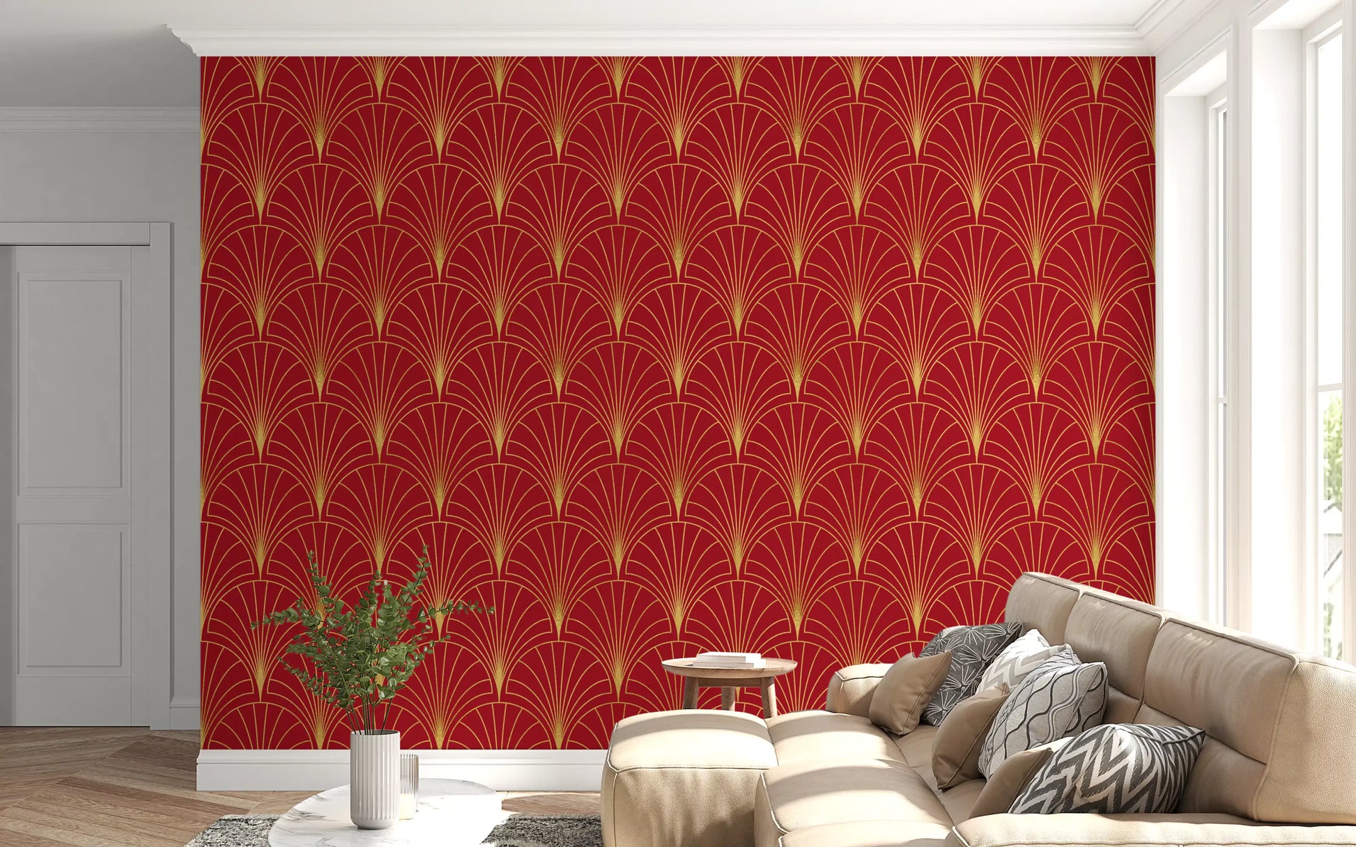 Crimson & Gold Art Deco Fans Wallpaper⁠