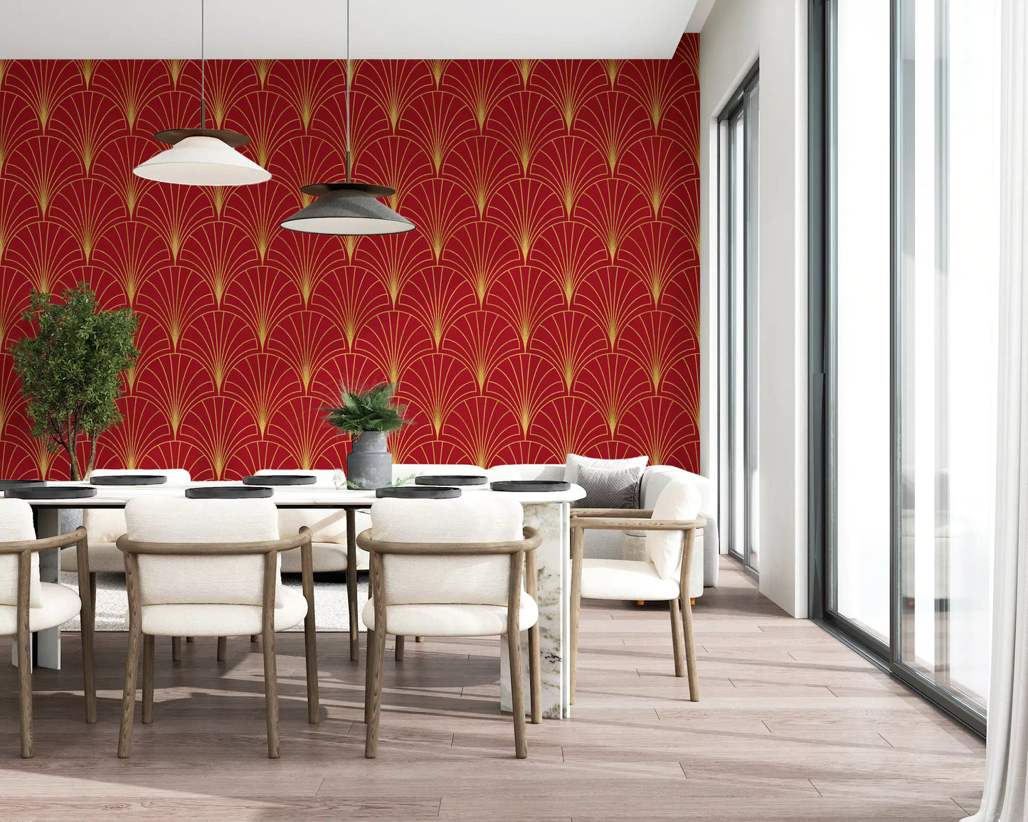 Crimson & Gold Art Deco Fans Wallpaper⁠
