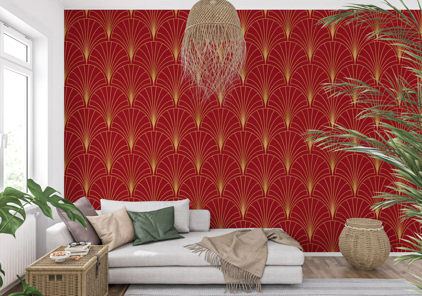 Crimson & Gold Art Deco Fans Wallpaper⁠