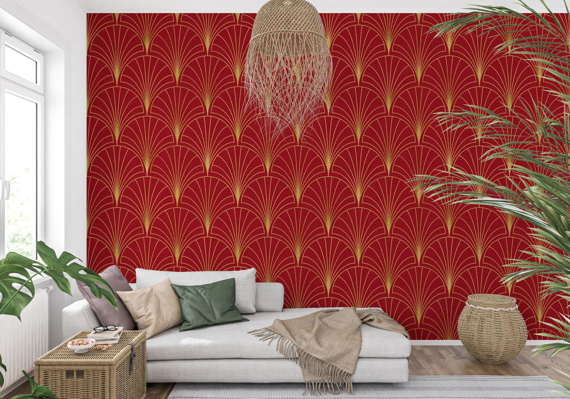 Crimson & Gold Art Deco Fans Wallpaper⁠