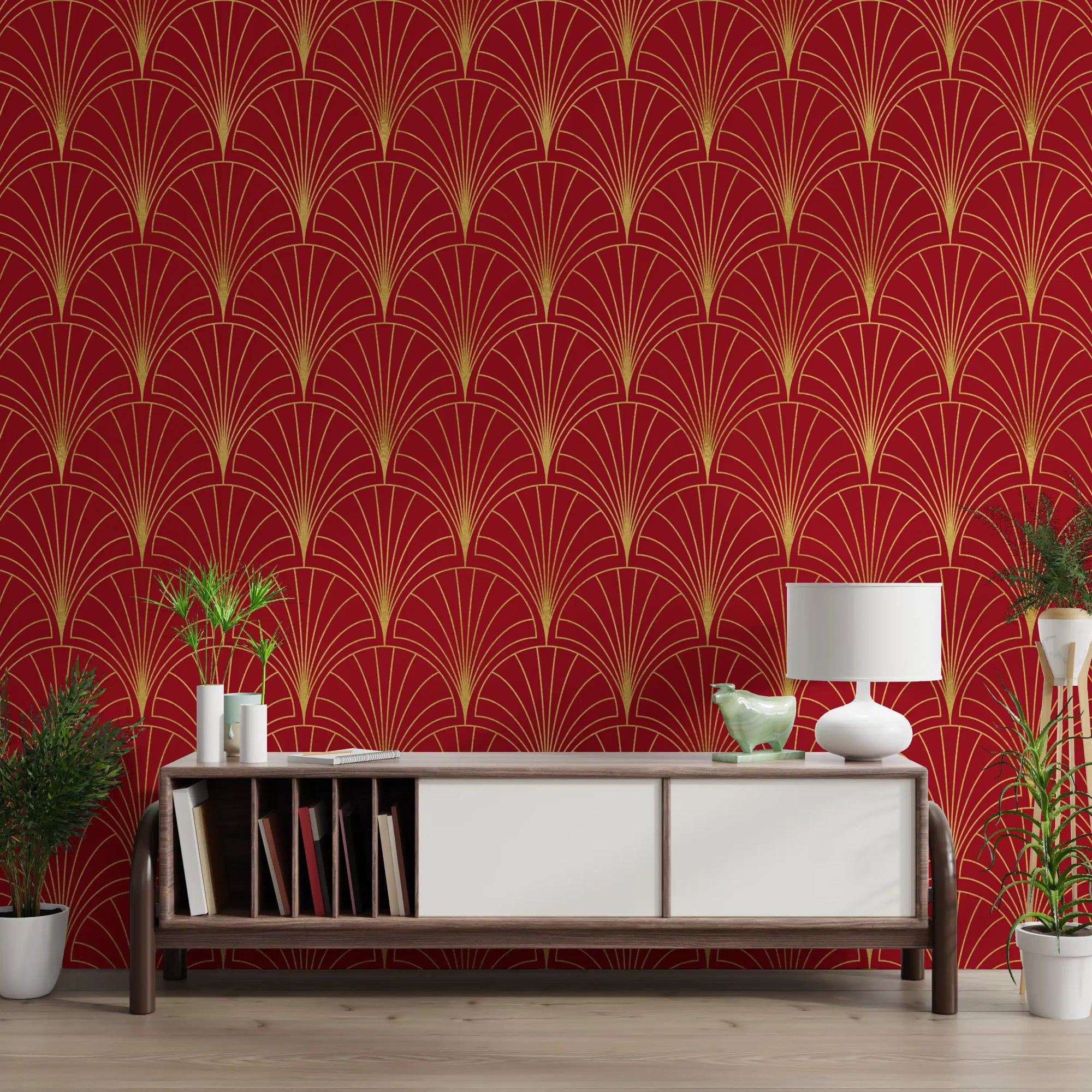 Crimson geometric fan arch wallpaper with gold arches in hallway., GD10630