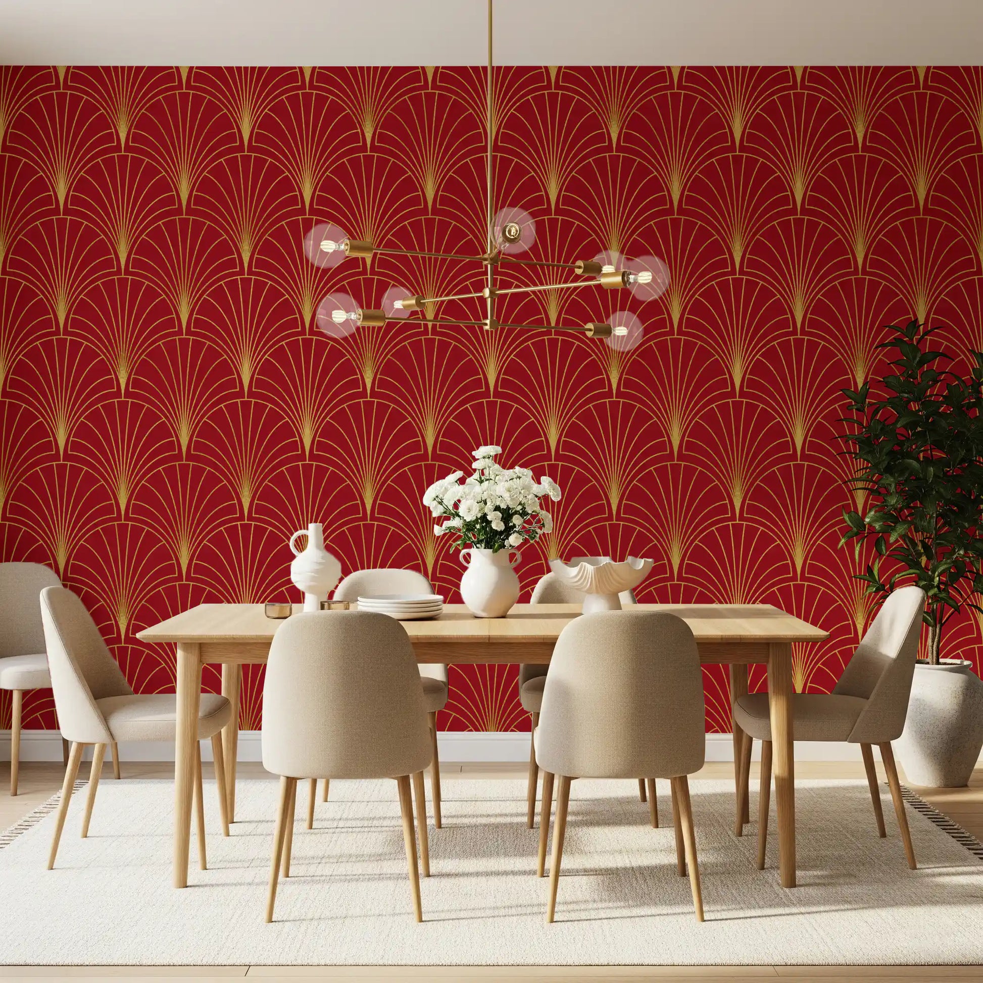 Crimson & Gold Art Deco Fans Wallpaper⁠