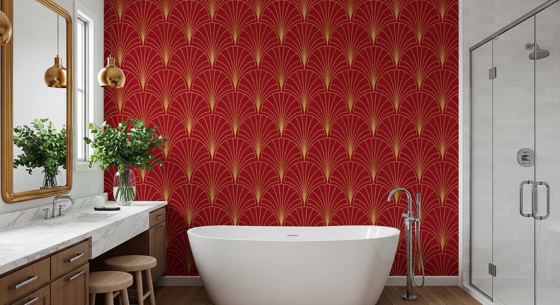 Crimson & Gold Art Deco Fans Wallpaper⁠