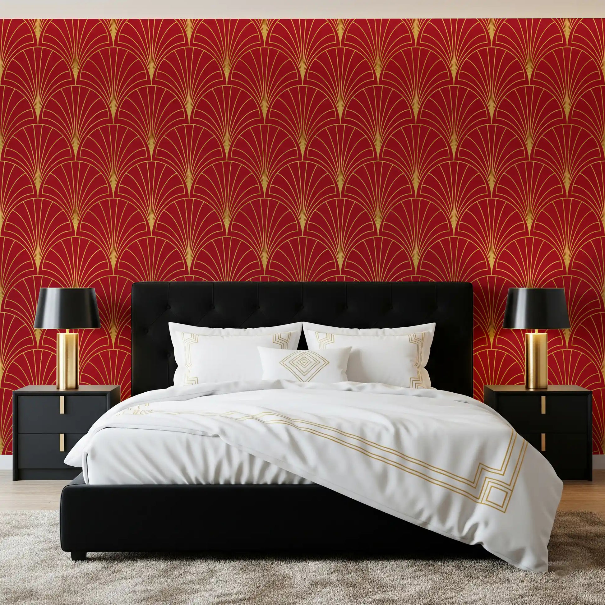 Crimson & Gold Art Deco Fans Wallpaper⁠