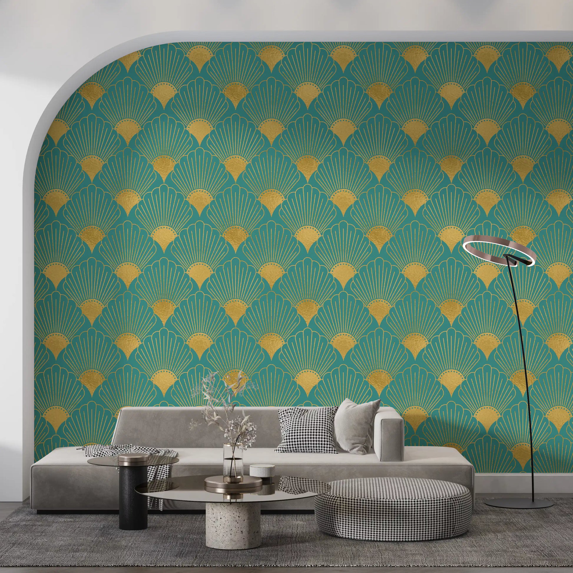 Glamorous Teal and Gold Fan Wall Décor Wallpaper⁠