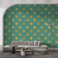 Glamorous Teal and Gold Fan Wall Décor Wallpaper⁠