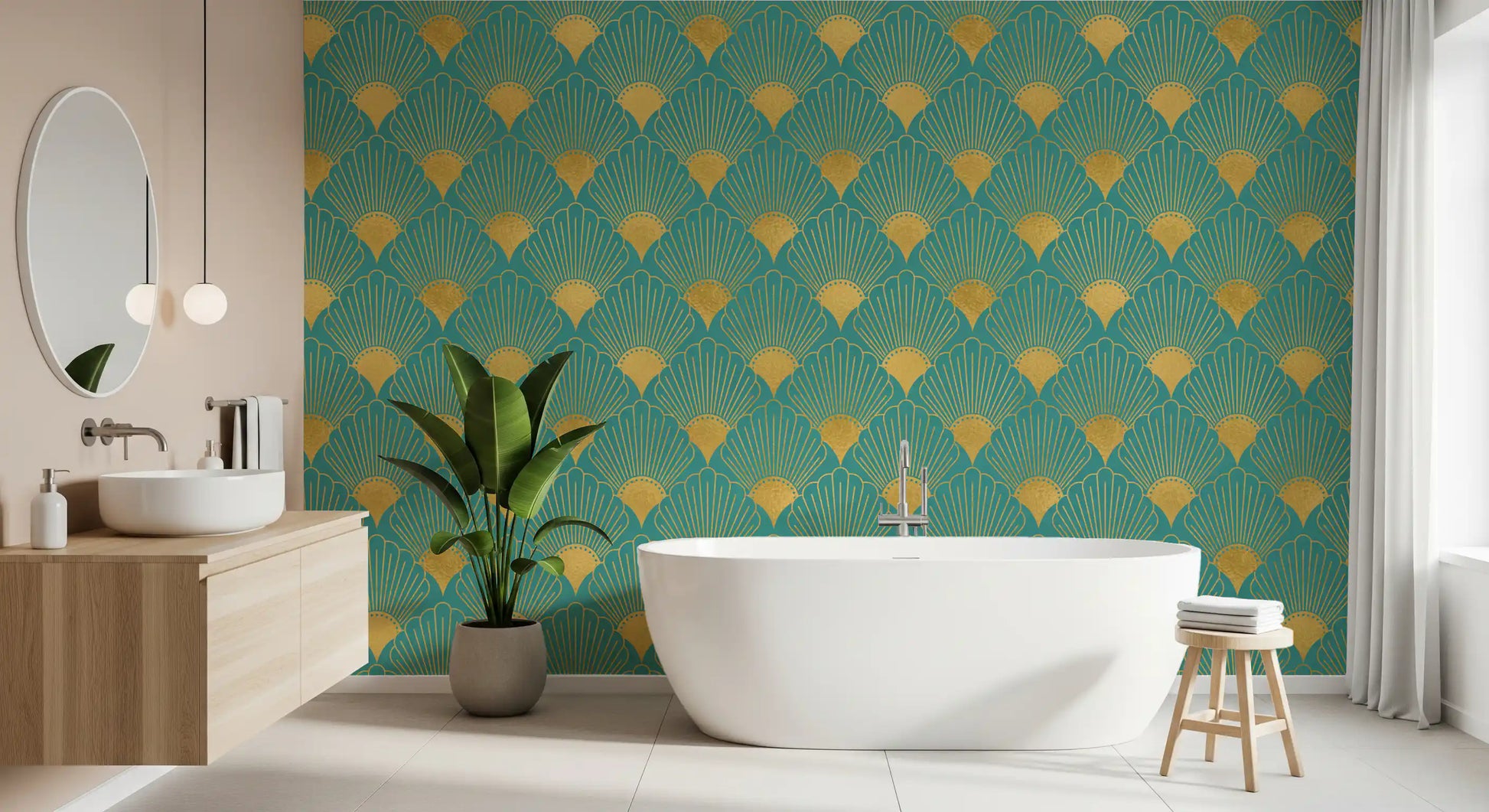 Glamorous Teal and Gold Fan Wall Décor Wallpaper⁠