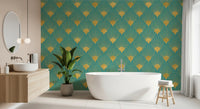 Glamorous Teal and Gold Fan Wall Décor Wallpaper⁠