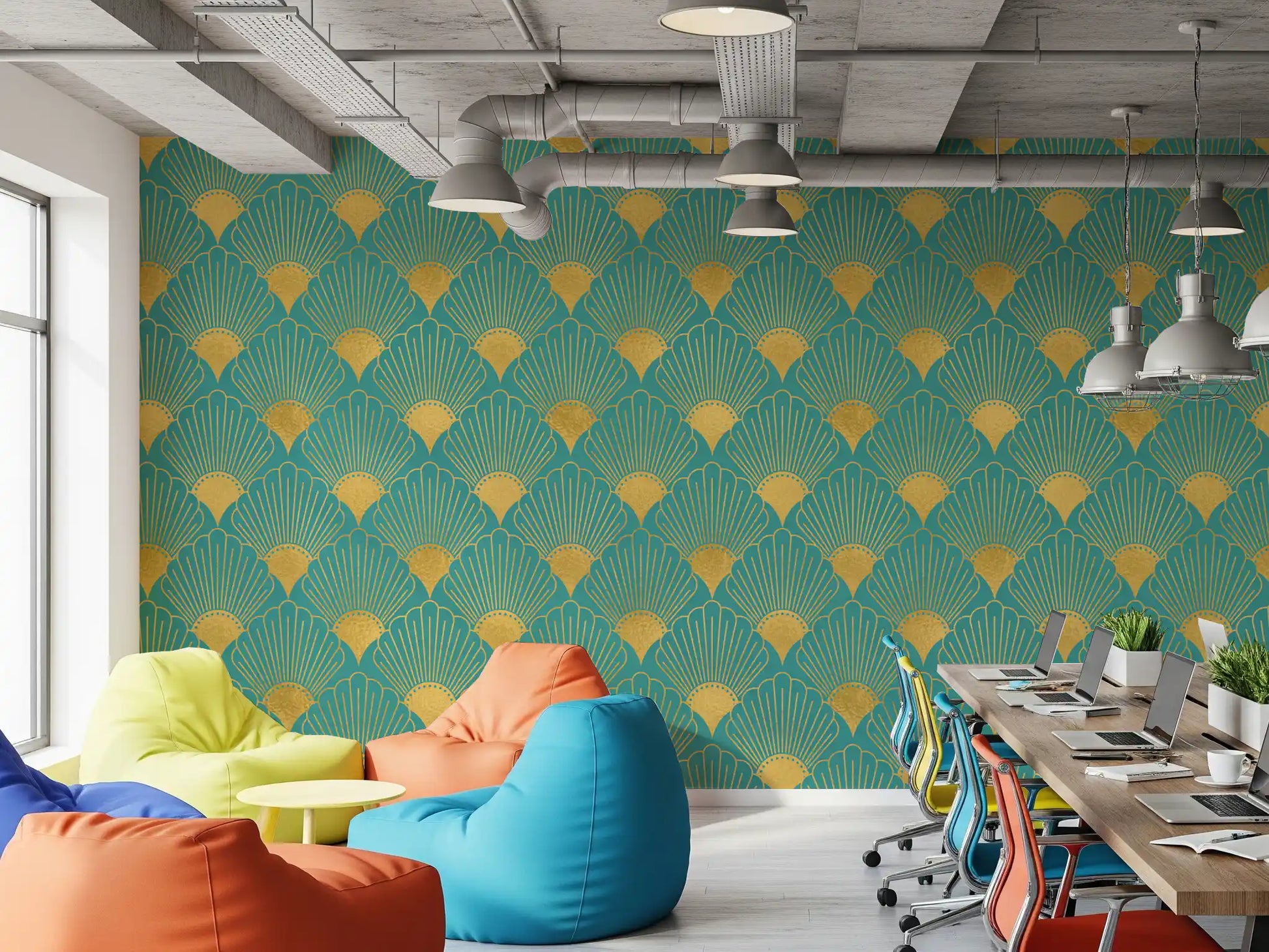 Glamorous Teal and Gold Fan Wall Décor Wallpaper⁠