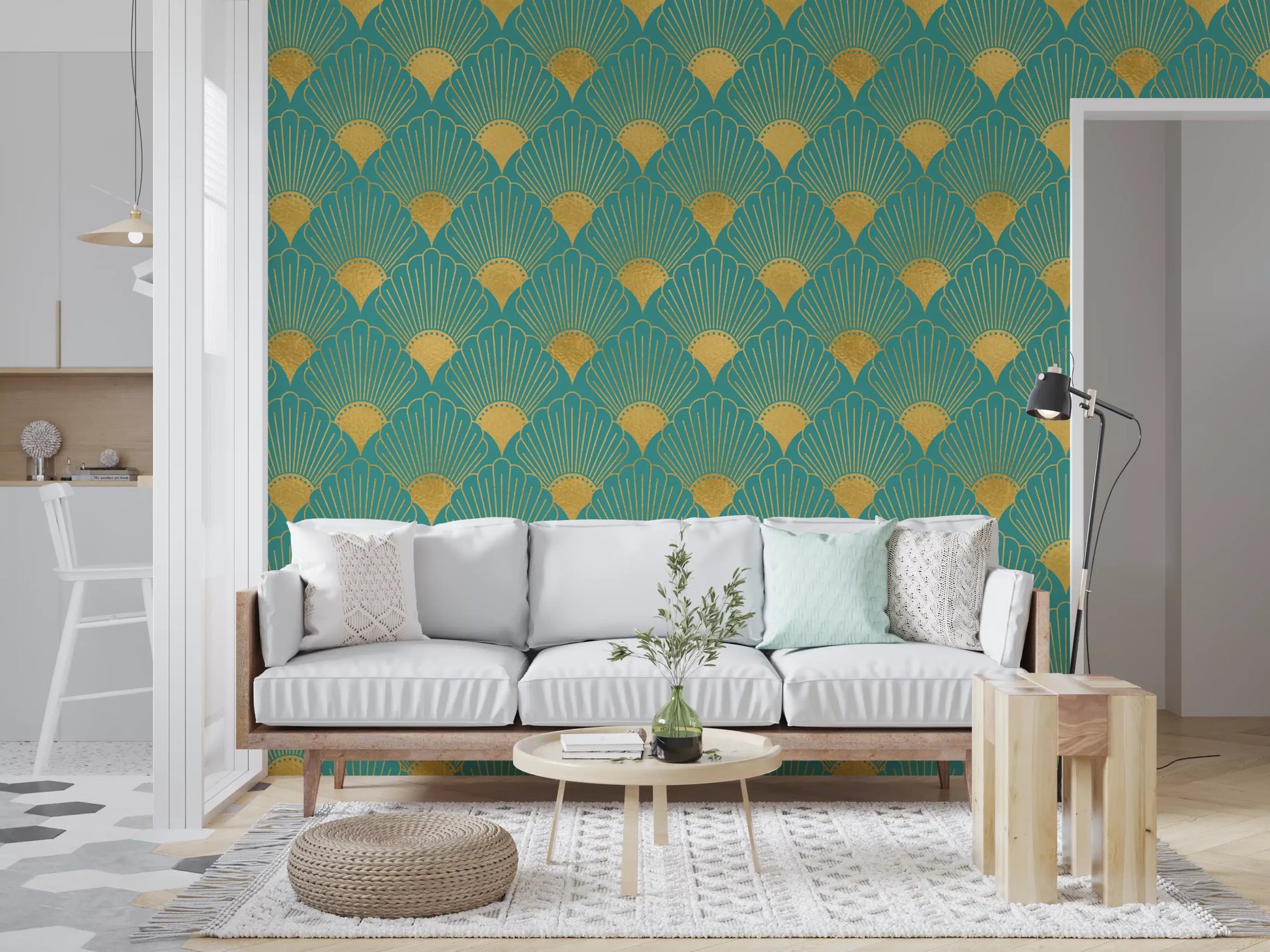 Glamorous Teal and Gold Fan Wall Décor Wallpaper⁠