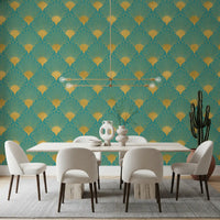 Glamorous Teal and Gold Fan Wall Décor Wallpaper⁠