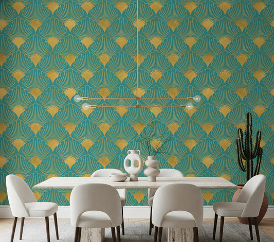 Gold and teal fan pattern wallpaper in a dining room space.