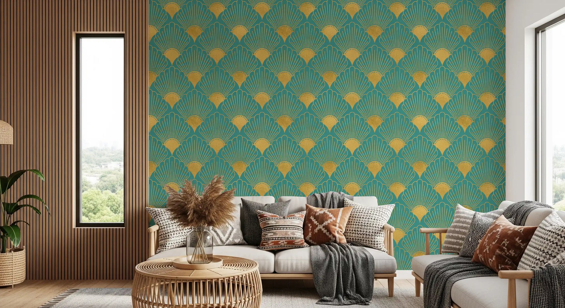 Glamorous Teal and Gold Fan Wall Décor Wallpaper⁠