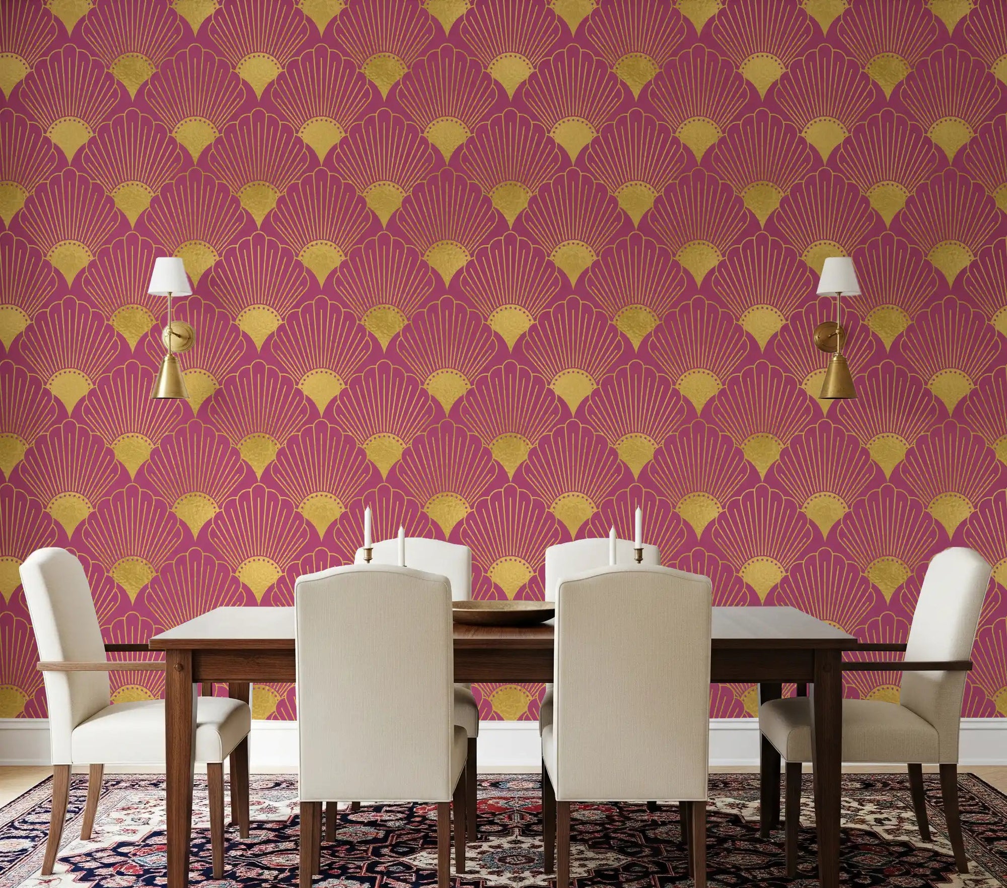 Pink geometric fan wallpaper with gold centres in dining room., GD10632