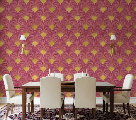 Pink geometric fan wallpaper with gold centres in dining room.