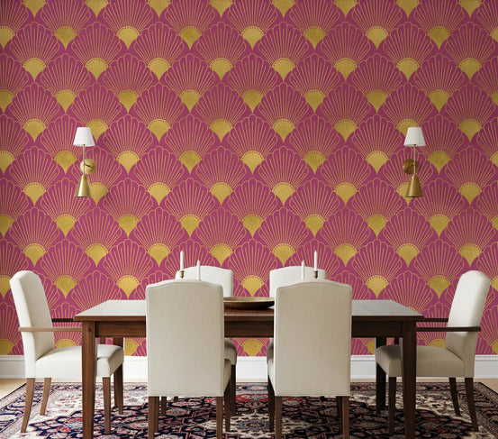 Pink geometric fan wallpaper with gold centres in dining room., GD10632