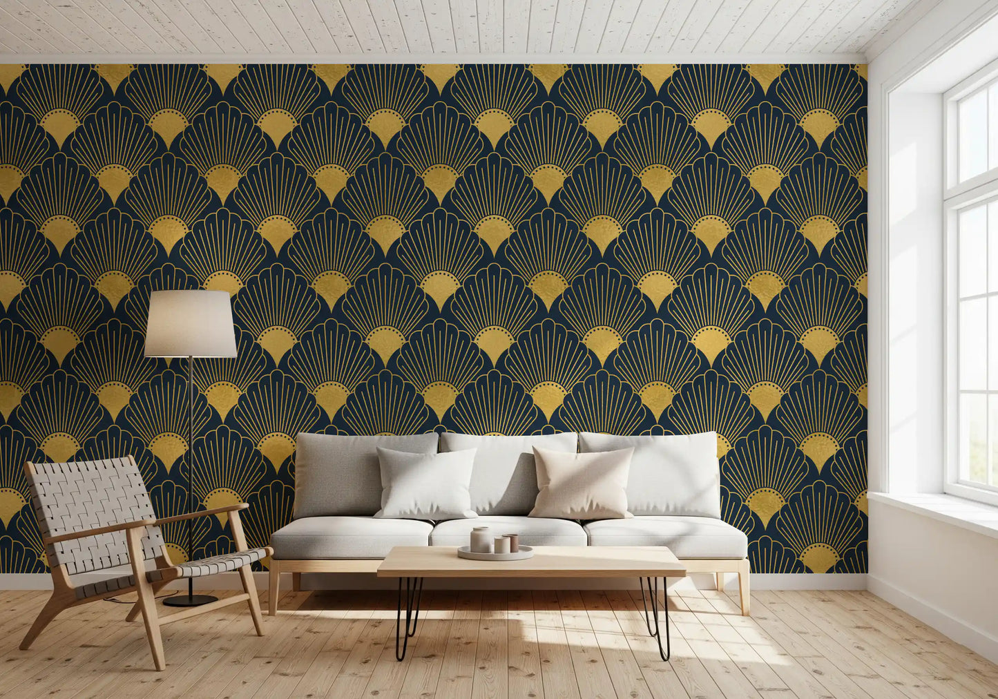 Opulent Deco Shell Navy & Gold Wallpaper Wallpaper⁠