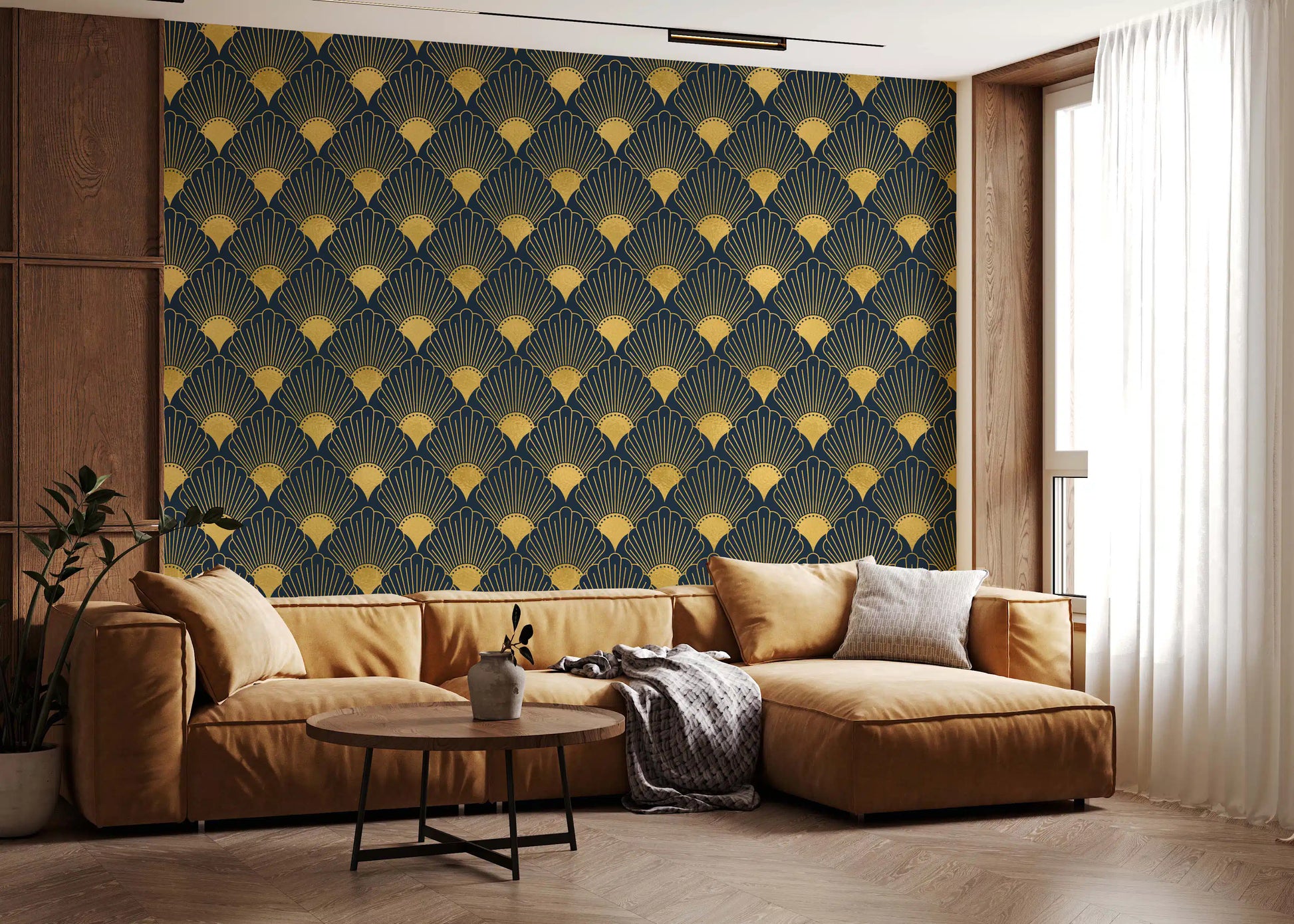 Opulent Deco Shell Navy & Gold Wallpaper Wallpaper⁠