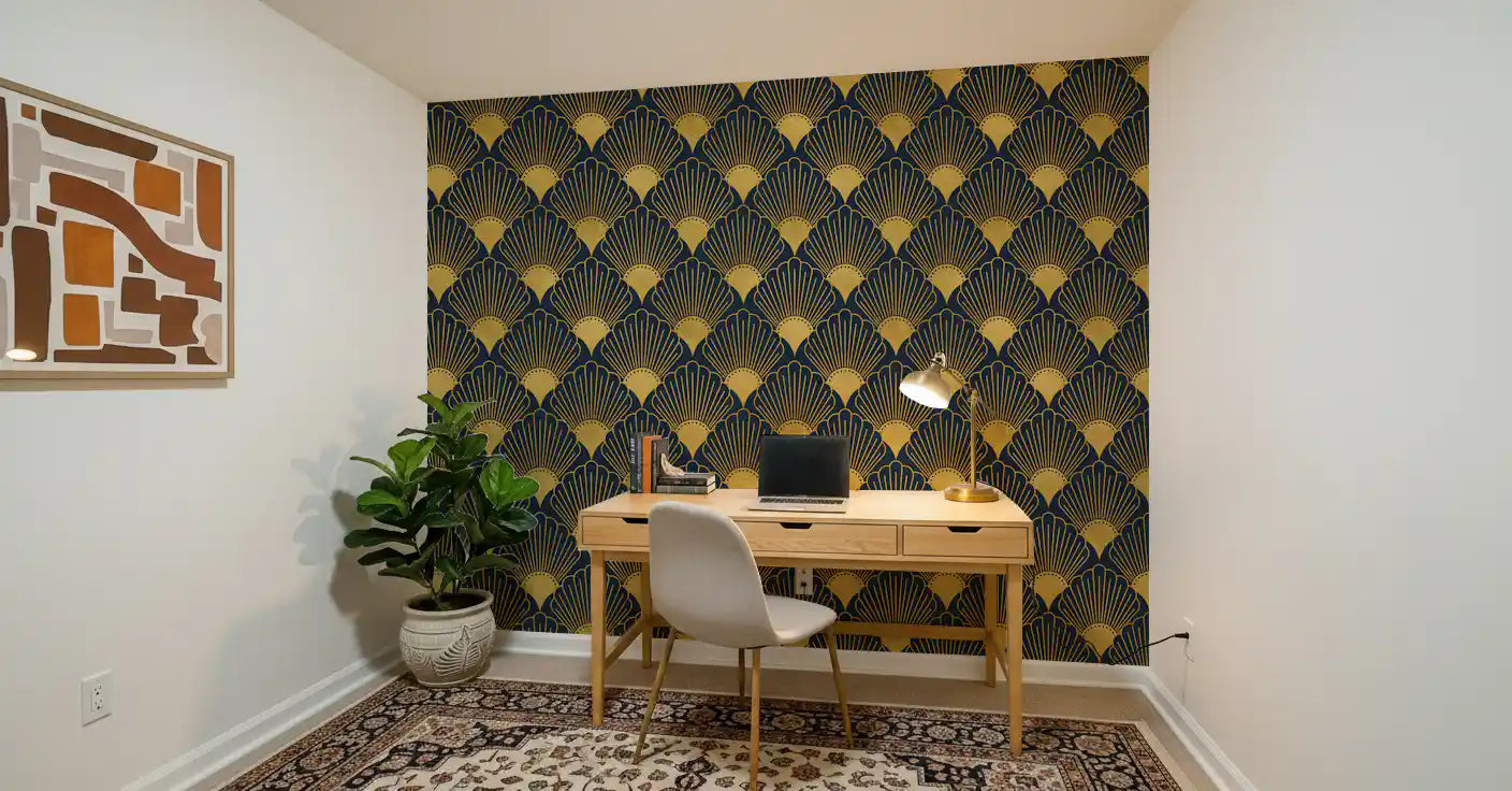Opulent Deco Shell Navy & Gold Wallpaper Wallpaper⁠