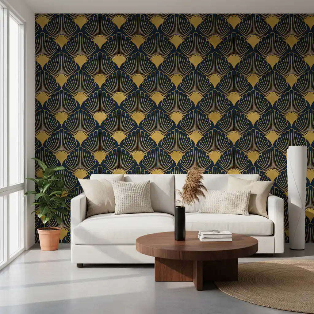 Opulent Deco Shell Navy & Gold Wallpaper Wallpaper⁠