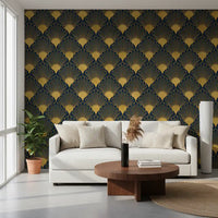 Opulent Deco Shell Navy & Gold Wallpaper Wallpaper⁠