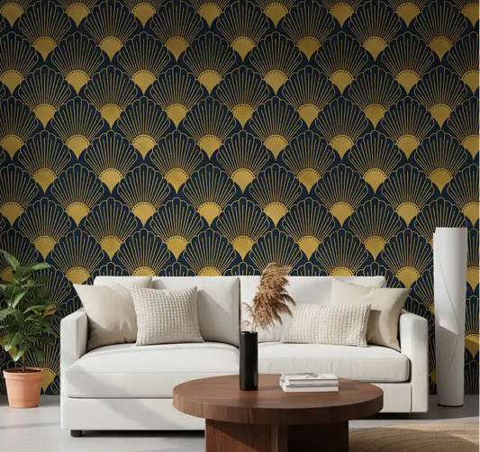 Navy geometric scallop wallpaper with gold accents in living room.