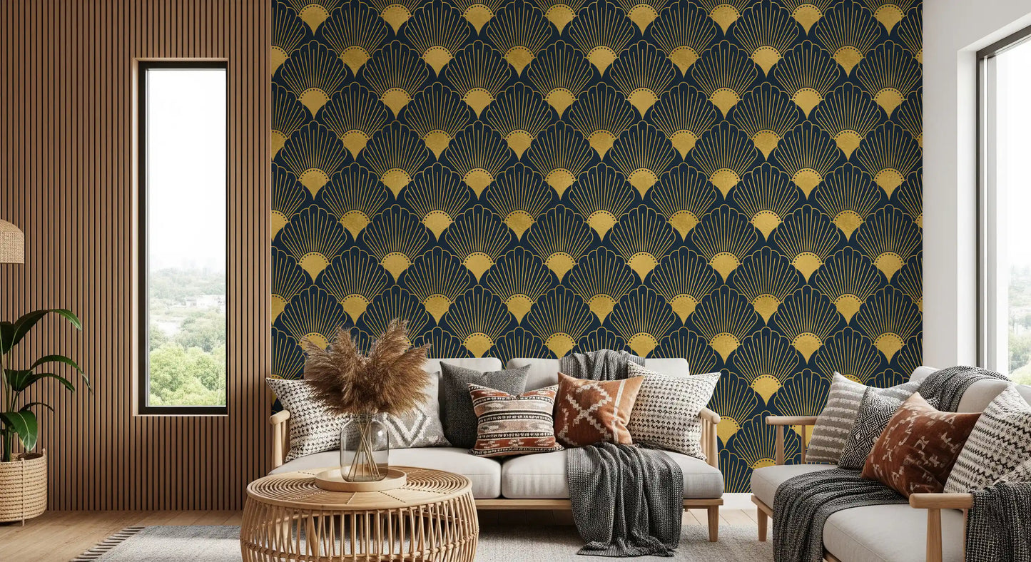 Opulent Deco Shell Navy & Gold Wallpaper Wallpaper⁠