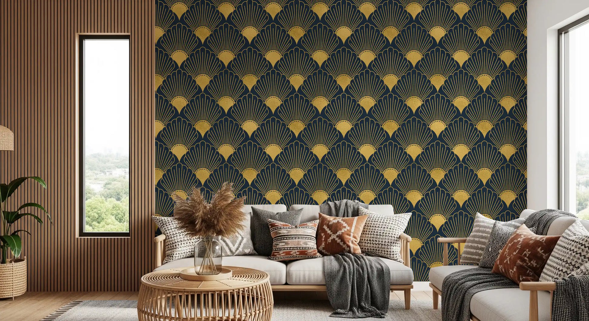 Opulent Deco Shell Navy & Gold Wallpaper Wallpaper⁠