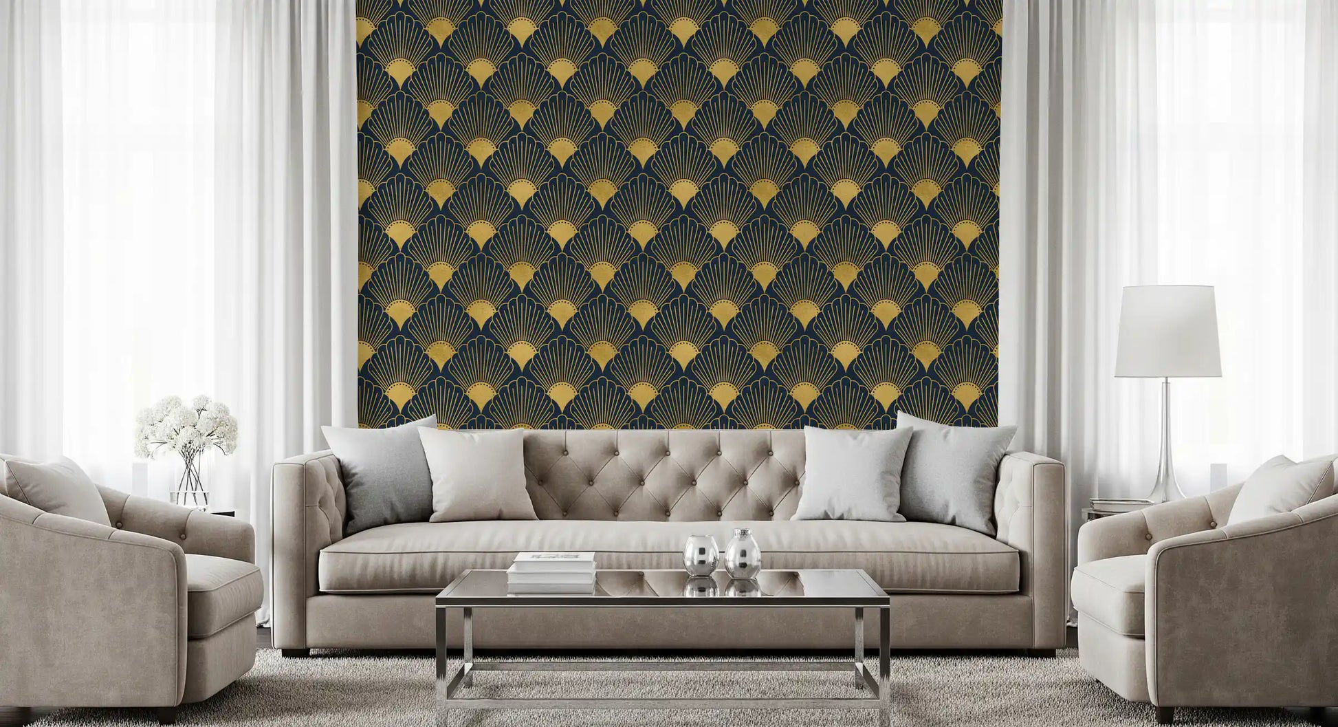Opulent Deco Shell Navy & Gold Wallpaper Wallpaper⁠