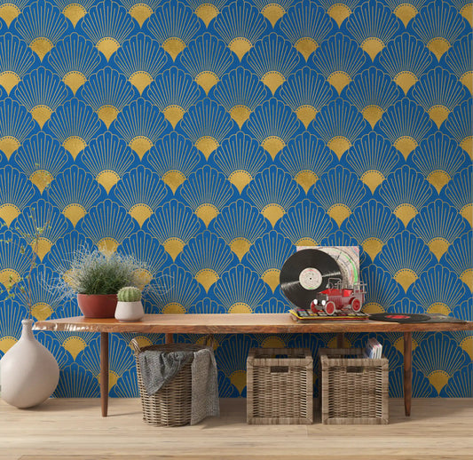 Royal blue geometric scallop wallpaper with gold tone in hallway.