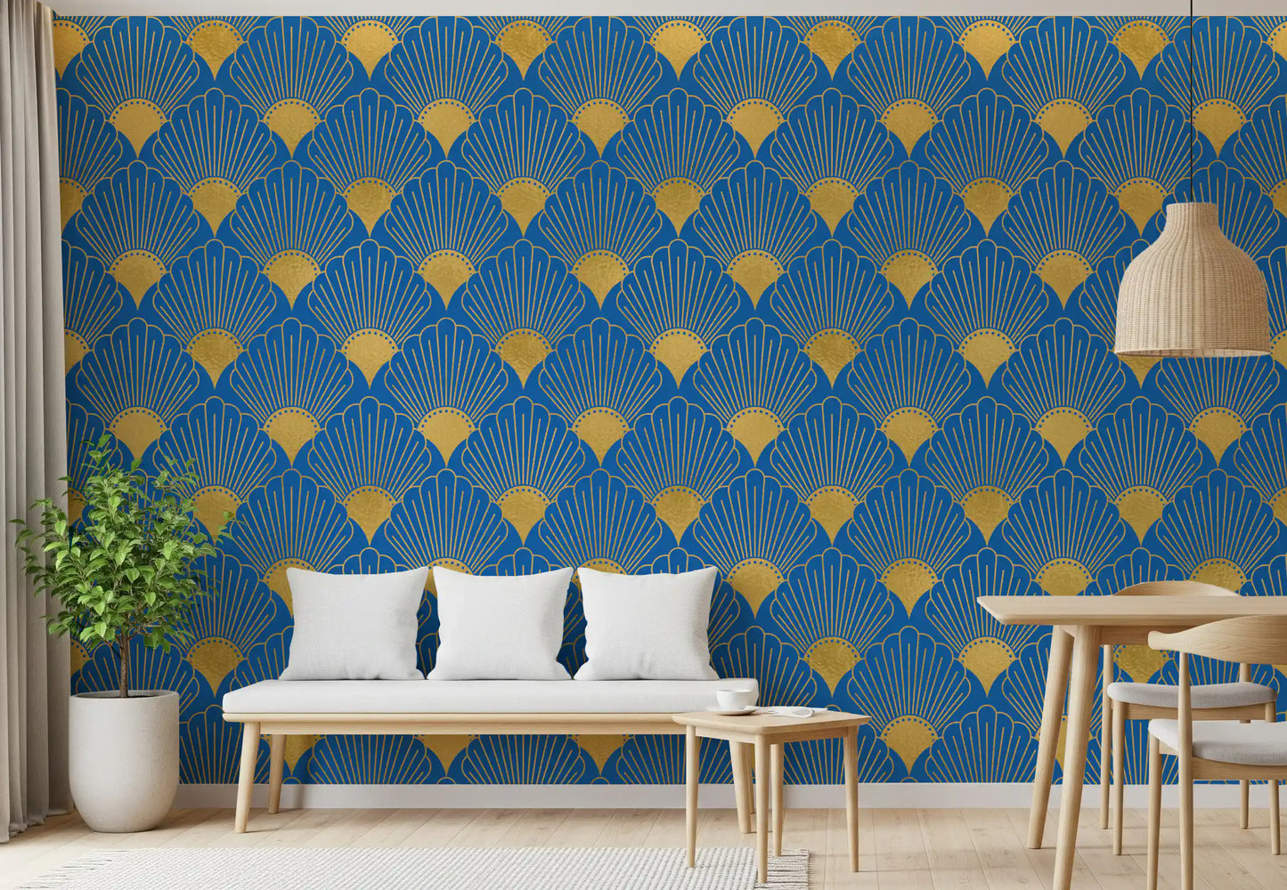 Art Deco Golden Fans Royal Blue Wallpaper Wallpaper⁠