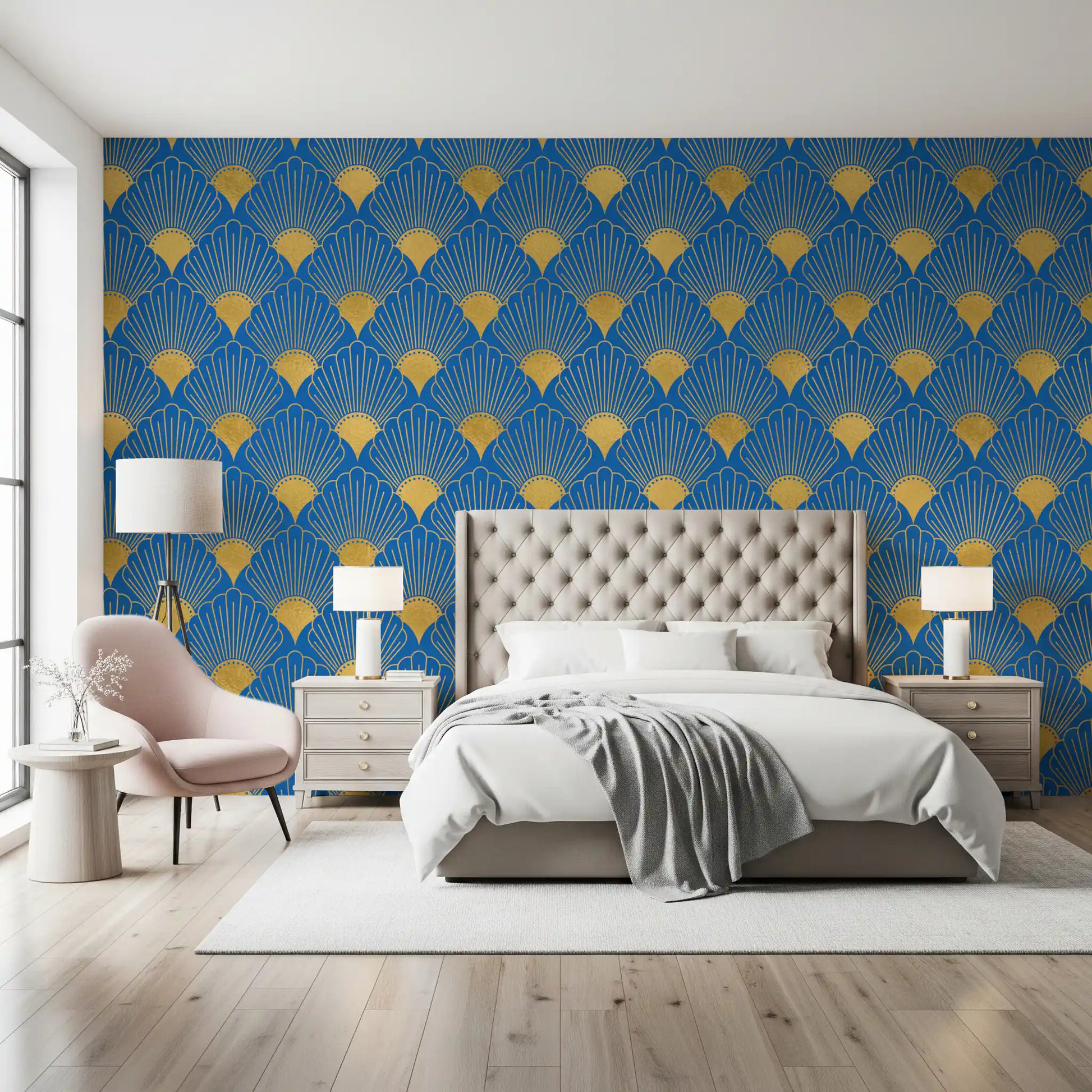 Art Deco Golden Fans Royal Blue Wallpaper Wallpaper⁠