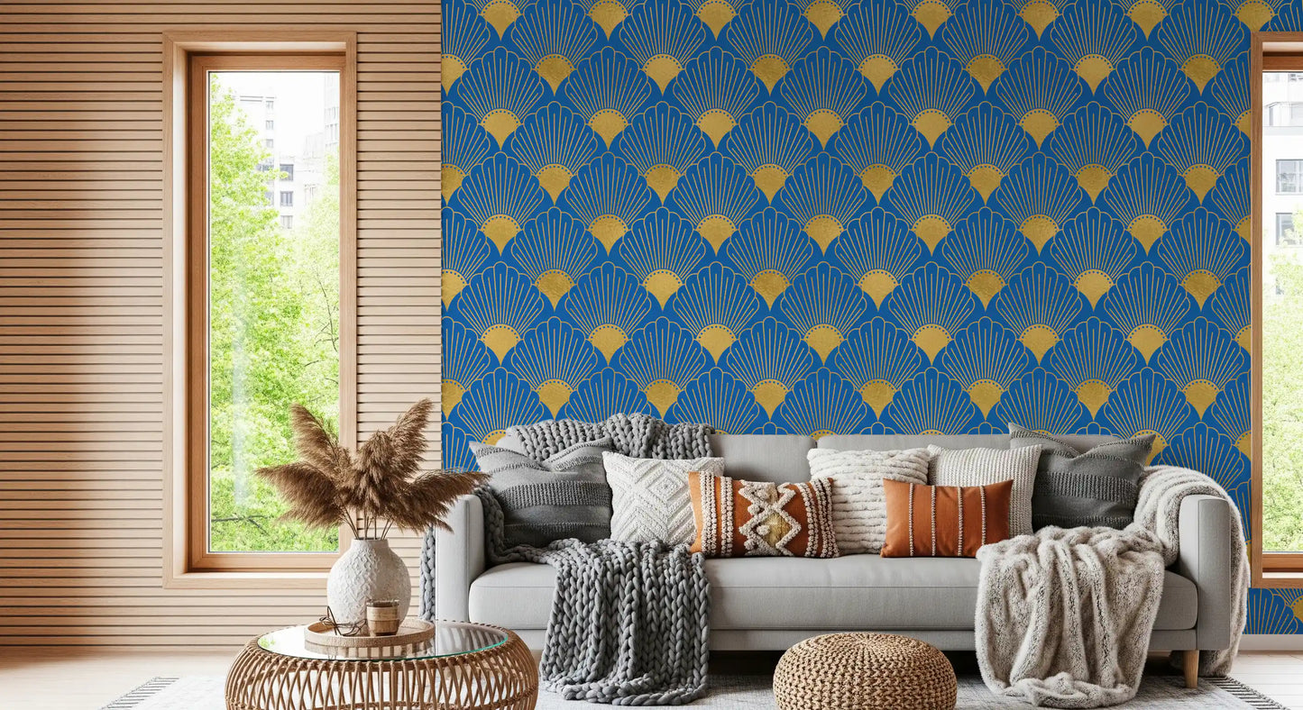 Art Deco Golden Fans Royal Blue Wallpaper Wallpaper⁠