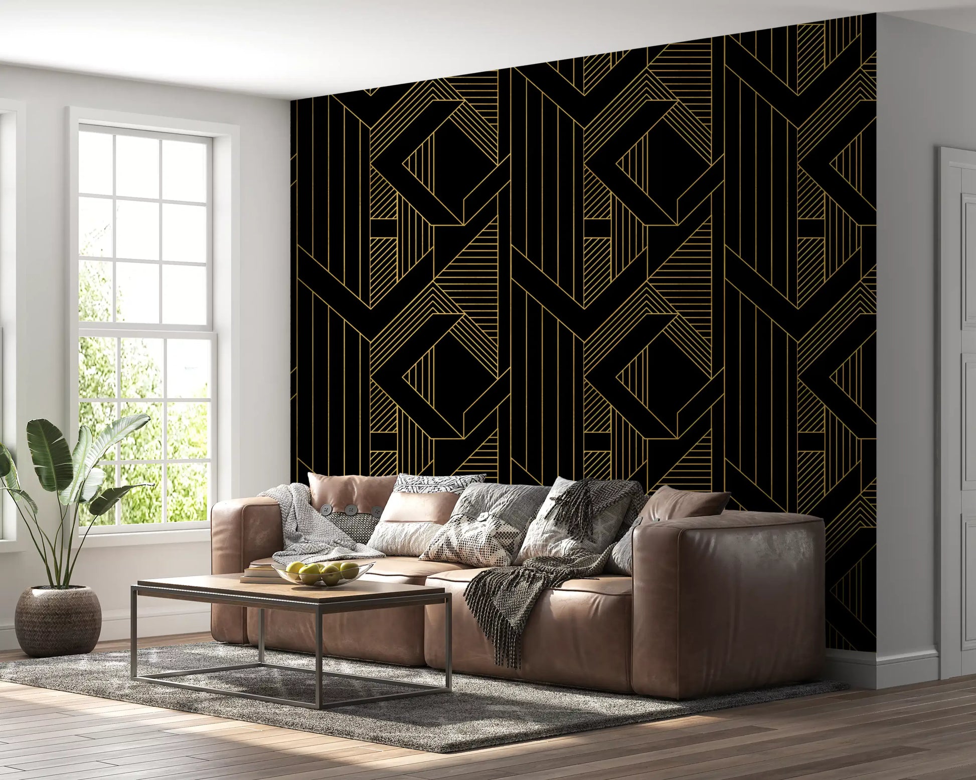 Gold outline diamond shapes wallpaper on matte black background., GD10635