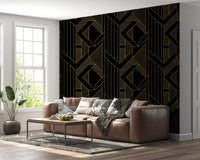Gold outline diamond shapes wallpaper on matte black background., GD10635