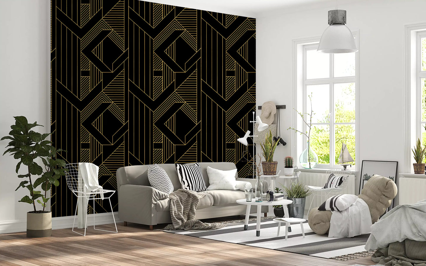 Repeating diamond and chevron motif in gold on black wallpaper., GD10635