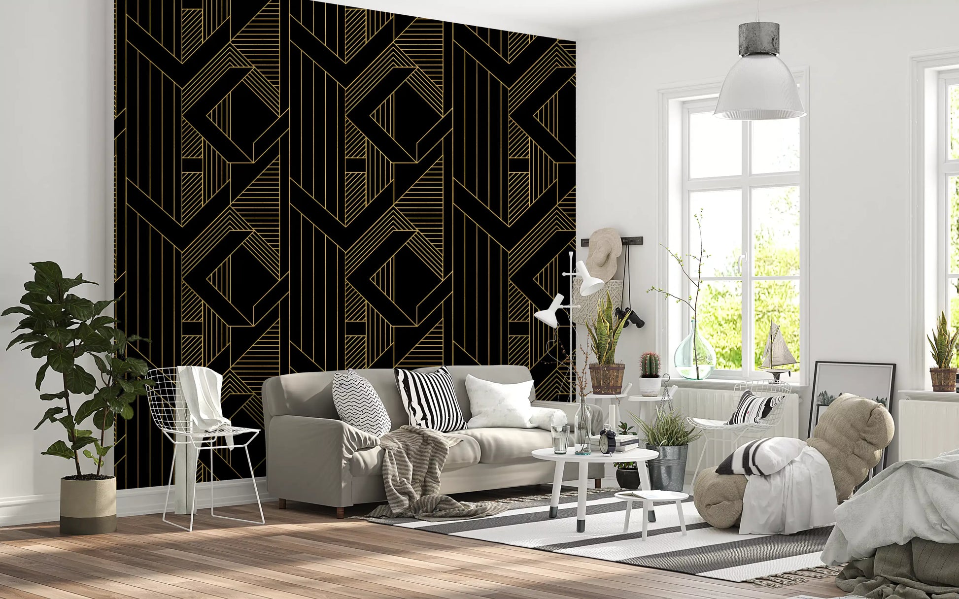 Repeating diamond and chevron motif in gold on black wallpaper., GD10635