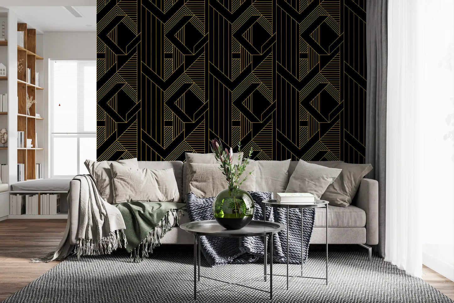 Linear stripe and triangle wallpaper in metallic gold on dark surface., GD10635
