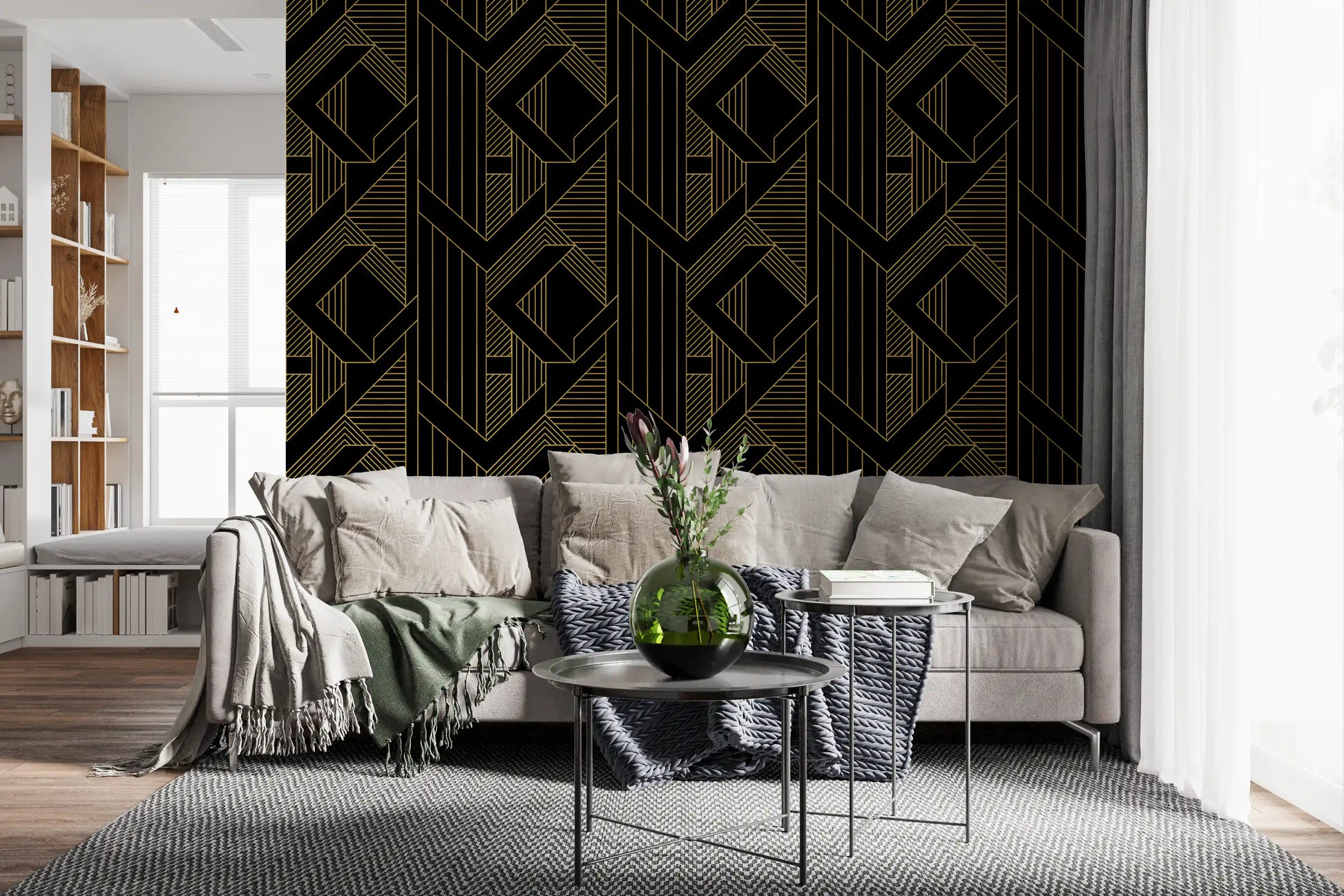 Linear stripe and triangle wallpaper in metallic gold on dark surface., GD10635