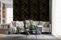 Linear stripe and triangle wallpaper in metallic gold on dark surface., GD10635