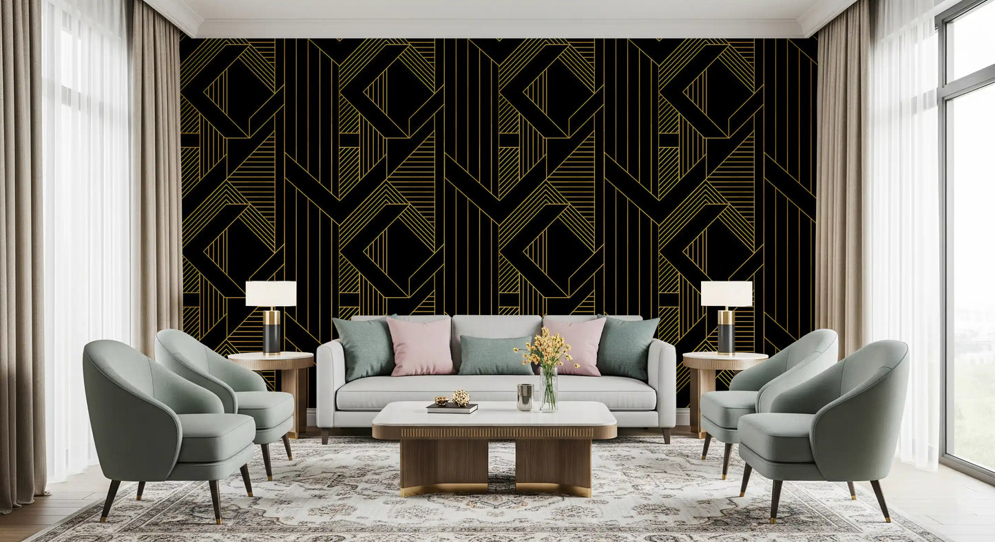 Living room wall featuring black and gold geometric wallpaper., GD10635