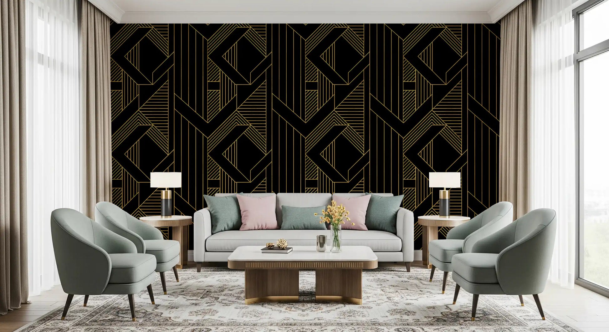 Living room wall featuring black and gold geometric wallpaper., GD10635