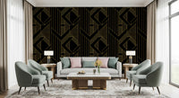 Living room wall featuring black and gold geometric wallpaper., GD10635