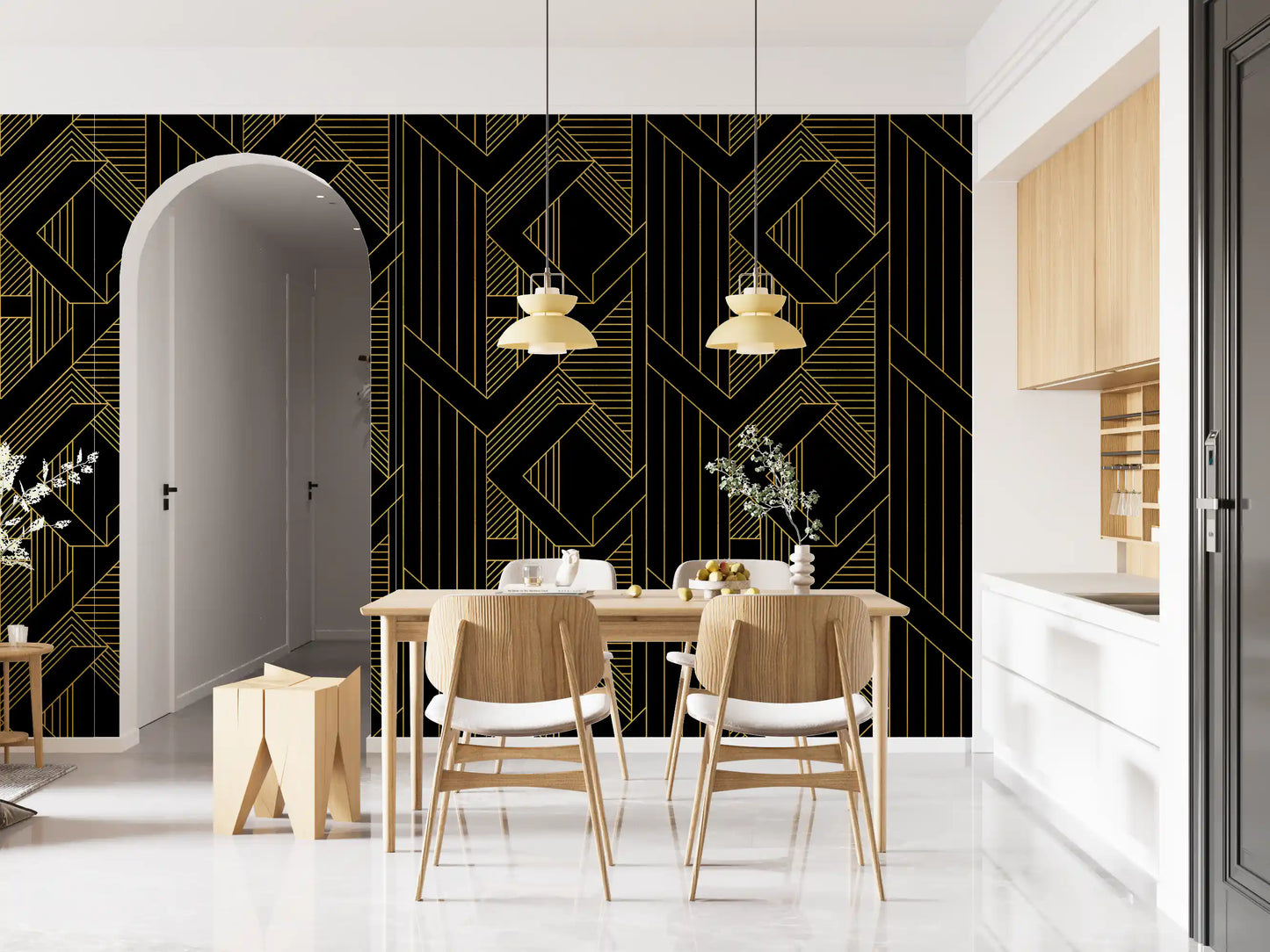 Vertical stripe and rhombus pattern wallpaper with thin gold detailing., GD10635
