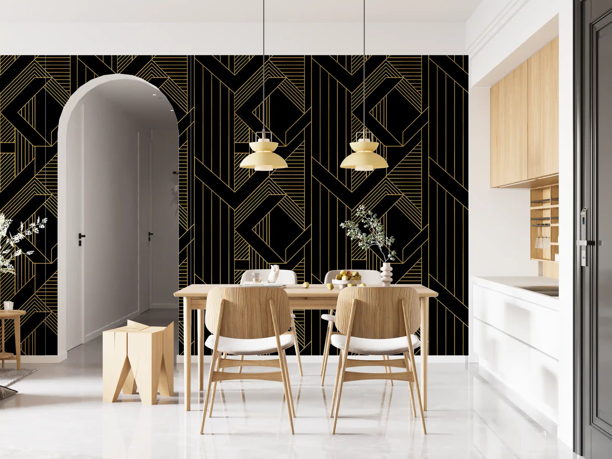 Vertical stripe and rhombus pattern wallpaper with thin gold detailing., GD10635