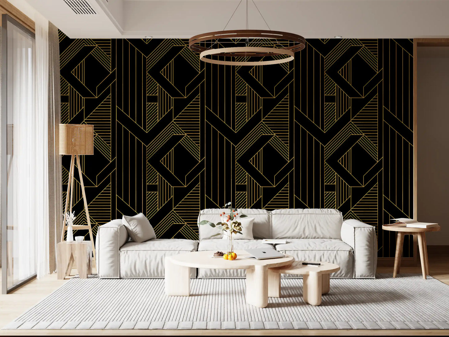 Angular deco-era geometric pattern wallpaper with gold linework on black., GD10635